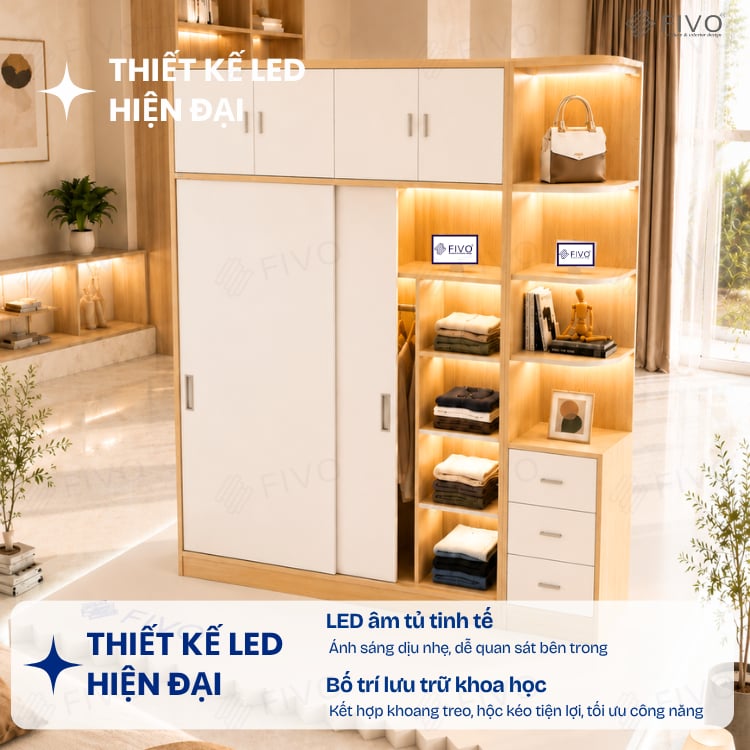 Tủ Gỗ Quần Áo Cửa Lùa Cao Cấp FC32 FIVO, Gỗ Dày 17mm, Kèm Hệ Tủ Tiện Lợi, Ngăn Kéo Sâu 60cm, Freeship+Free lắp đặt, Trả