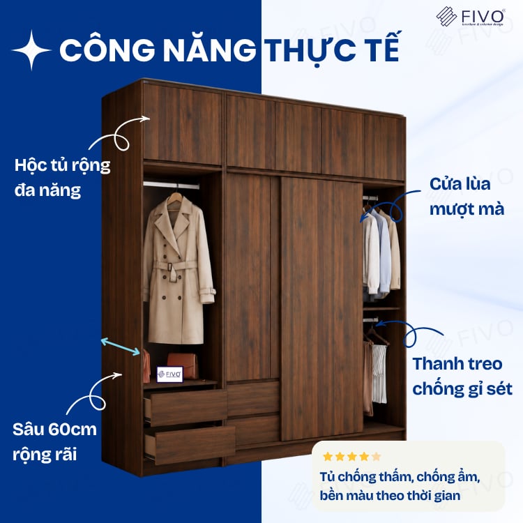 Tủ Gỗ Quần Áo Cửa Lùa Cao Cấp FC35 FIVO, Gỗ Dày 17mm, Kèm Ngăn Kéo Sâu 60cm, Freeship+Free lắp đặt, Trả Góp 0%