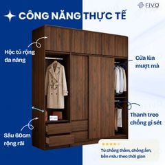 Tủ Gỗ Quần Áo Cửa Lùa Cao Cấp FC35 FIVO, Gỗ Dày 17mm, Kèm Ngăn Kéo Sâu 60cm, Freeship+Free lắp đặt, Trả Góp 0%