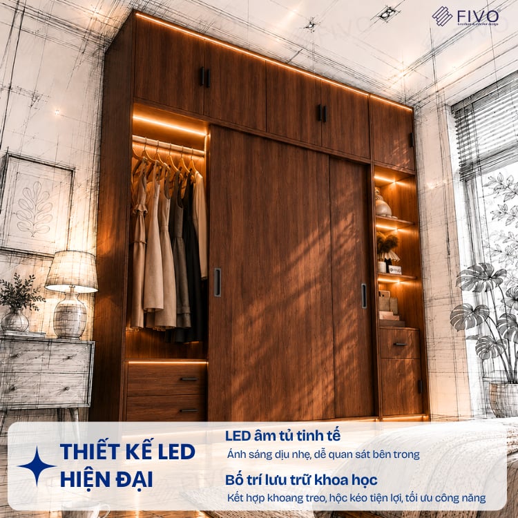 Tủ Quần Áo Gỗ Cửa Lùa Cao Cấp FC34 FIVO, Gỗ Dày 17mm Độ Sâu 60cm, Kèm Hệ Kệ Trang Trí, Freeship+Free lắp đặt, Trả Góp 0%