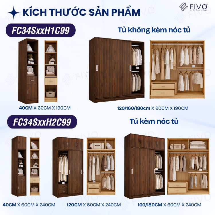 Tủ Quần Áo Gỗ Cửa Lùa Cao Cấp FC34 FIVO, Gỗ Dày 17mm Độ Sâu 60cm, Kèm Hệ Kệ Trang Trí, Freeship+Free lắp đặt, Trả Góp 0%