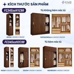Tủ Quần Áo Gỗ Cửa Lùa Cao Cấp FC34 FIVO, Gỗ Dày 17mm Độ Sâu 60cm, Kèm Hệ Kệ Trang Trí, Freeship+Free lắp đặt, Trả Góp 0%