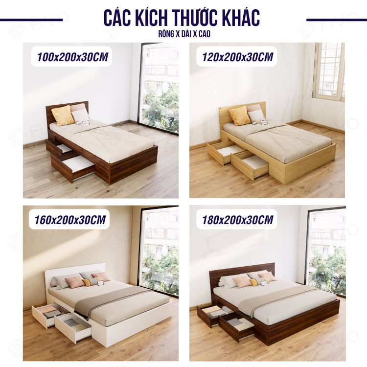 Giường Ngủ Gỗ MDF Chống Ẩm FN02 FIVO, Giường Đôi Cao Cấp Có 2 Ngăn Kéo Đựng Đồ, Nhiều Kích Thước, Freeship TPHCM