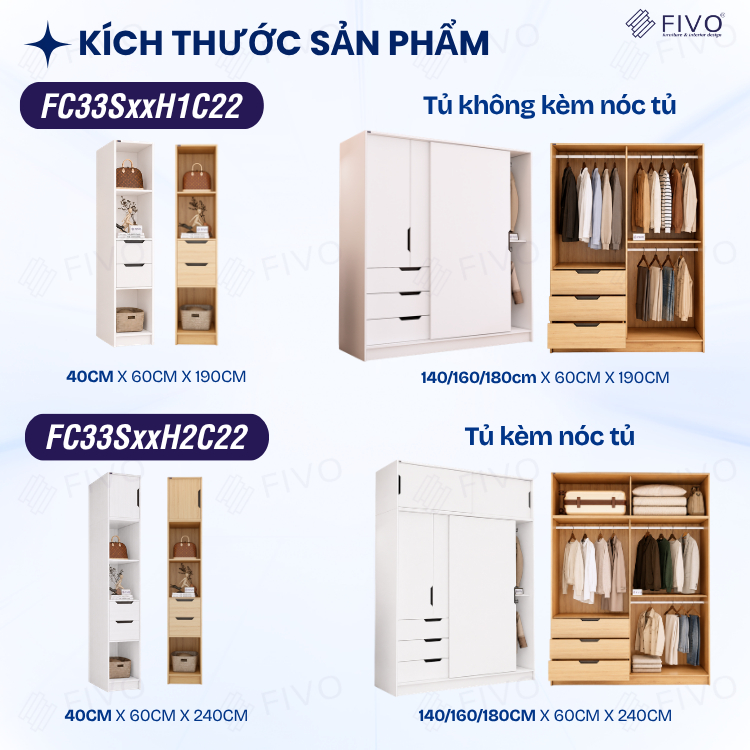 Tủ Gỗ Quần Áo Cửa Lùa Cao Cấp FC33 FIVO, Gỗ Dày 17mm, Kèm Hệ Kệ Trang Trí Sâu 60cm, Freeship+Free lắp đặt, Trả Góp 0%