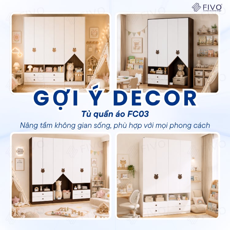Tủ Gỗ Đựng Quần Áo Trẻ Em Cao Cấp FC03 FIVO, Tủ Sâu 60cm, Thiết Kế Hình Ngôi Nhà Độc Đáo, Freeship+Free lắp đặt, Trả Góp