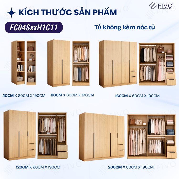 Tủ Đựng Quần Áo Gỗ Cao Cấp FC04 FIVO, Tủ Màu Gỗ Cánh Mở Sâu 60cm Kèm Kệ Trang Trí, Freeship+Free lắp đặt, Trả Góp 0%