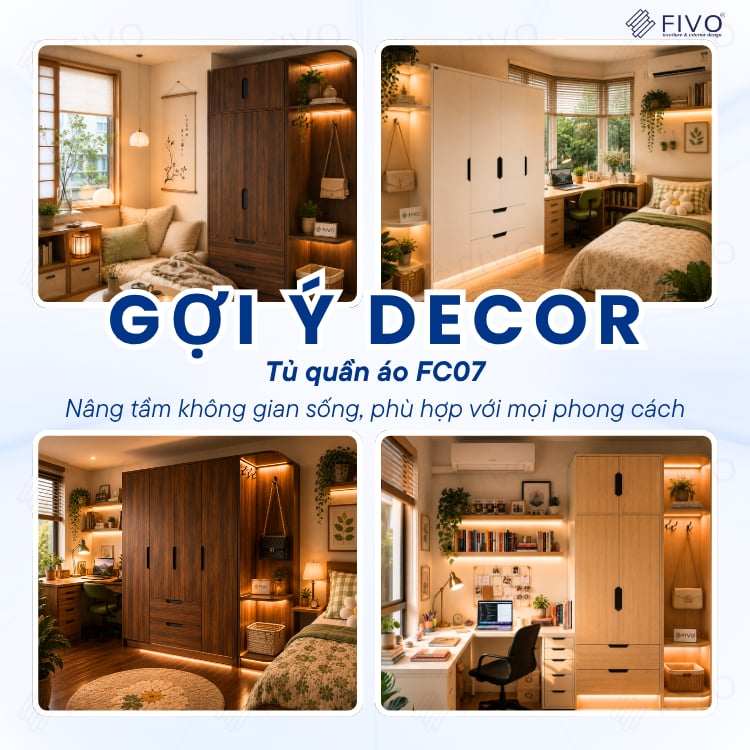 Tủ Đựng Quần Áo Gỗ Cao Cấp FC07 FIVO, Dày 17MM Cánh Mở Sâu 60cm Kèm Kệ Trang Trí, Freeship+Free lắp đặt, Trả Góp 0