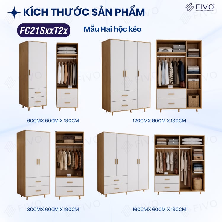 Tủ Gỗ Đựng Quần Áo Cao Cấp FC21 FIVO, Gỗ Dày 17mm Thiết Kế Có Chân Cánh Mở Sâu 60cm, Freeship+Free lắp đặt, Trả Góp 0%