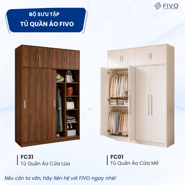 Tủ Đựng Quần Áo Gỗ Cao Cấp FC02 FIVO, Cánh Mở Sâu 60cm Kèm Ngăn Kéo, Freeship+Free lắp đặt, Trả Góp 0%