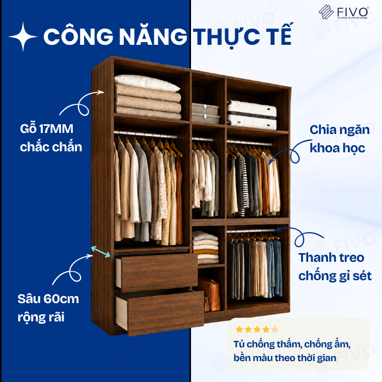 Tủ Đựng Quần Áo Gỗ Cao Cấp FC02 FIVO, Cánh Mở Sâu 60cm Kèm Ngăn Kéo, Freeship+Free lắp đặt, Trả Góp 0%