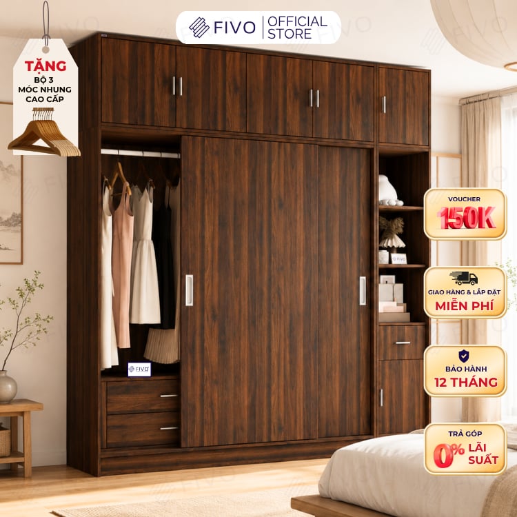Tủ Quần Áo Gỗ Cửa Lùa Cao Cấp FC34 FIVO, Gỗ Dày 17mm Độ Sâu 60cm, Kèm Hệ Kệ Trang Trí, Freeship+Free lắp đặt, Trả Góp 0%