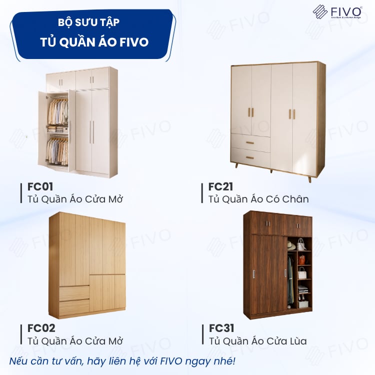 Tủ Gỗ Quần Áo Cửa Lùa Cao Cấp FC35 FIVO, Gỗ Dày 17mm, Kèm Ngăn Kéo Sâu 60cm, Freeship+Free lắp đặt, Trả Góp 0%