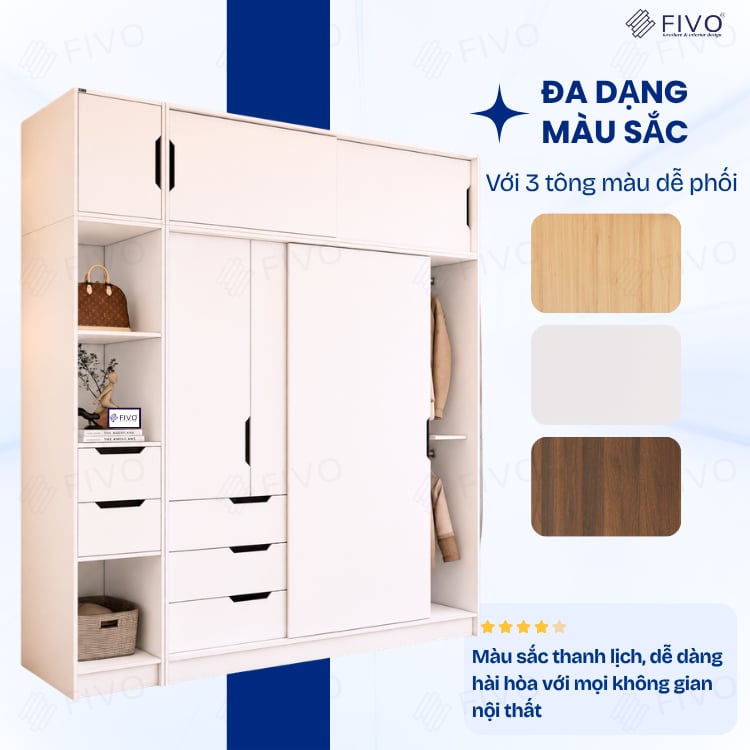 Tủ Gỗ Quần Áo Cửa Lùa Cao Cấp FC33 FIVO, Gỗ Dày 17mm, Kèm Hệ Kệ Trang Trí Sâu 60cm, Freeship+Free lắp đặt, Trả Góp 0%