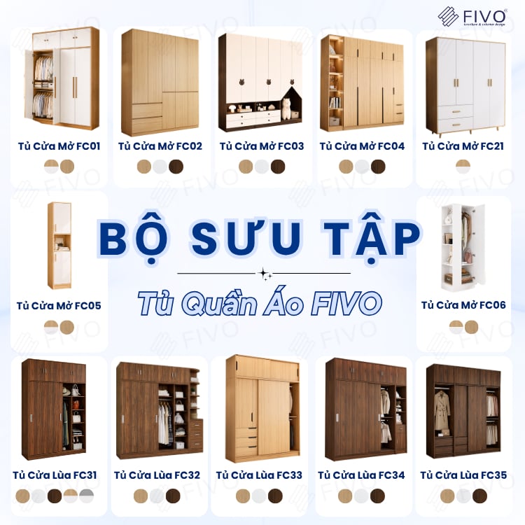 Tủ Gỗ Quần Áo Cửa Lùa Cao Cấp FC32 FIVO, Gỗ Dày 17mm, Kèm Hệ Tủ Tiện Lợi, Ngăn Kéo Sâu 60cm, Freeship+Free lắp đặt, Trả