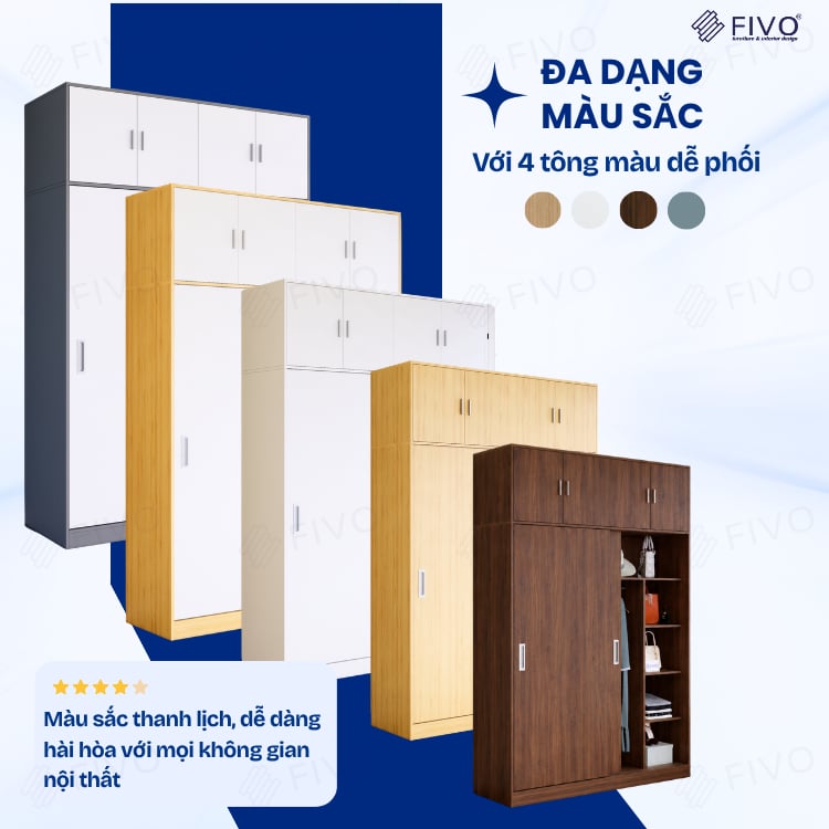 Tủ Áo Quần Cửa Trượt FIVO FC31 Gỗ Chống Ẩm, Màu Walnut Ấm Cúng Cho Phòng Ngủ, Trả Góp 0%, Freeship + Free lắp đặt
