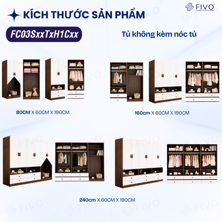Tủ Gỗ Đựng Quần Áo Trẻ Em Cao Cấp FC03 FIVO, Tủ Sâu 60cm, Thiết Kế Hình Ngôi Nhà Độc Đáo, Freeship+Free lắp đặt, Trả Góp