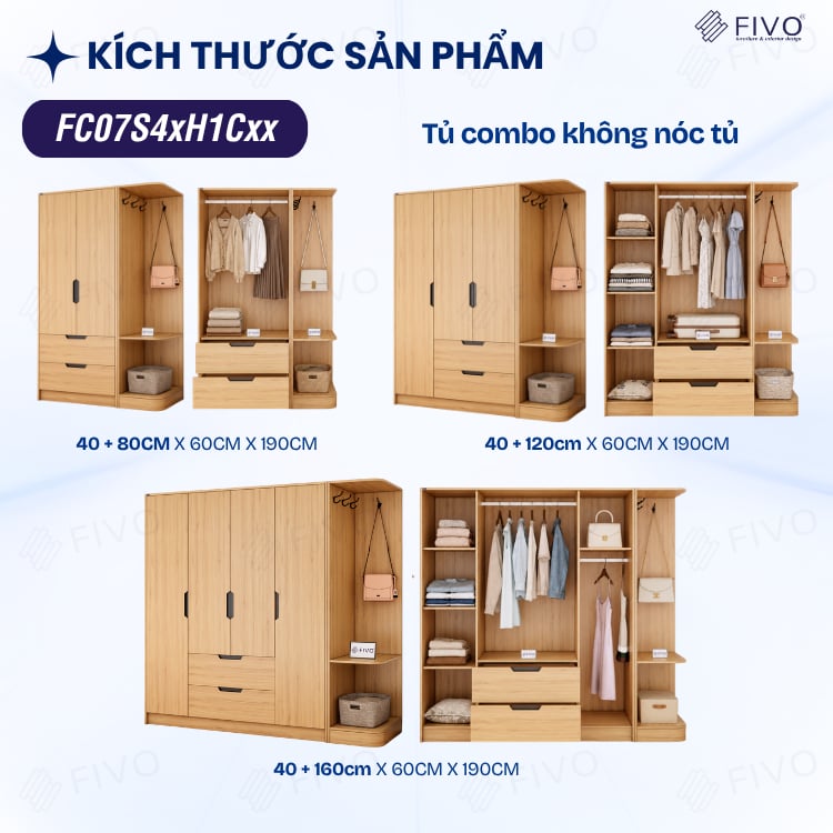 Tủ Đựng Quần Áo Gỗ Cao Cấp FC07 FIVO, Dày 17MM Cánh Mở Sâu 60cm Kèm Kệ Trang Trí, Freeship+Free lắp đặt, Trả Góp 0