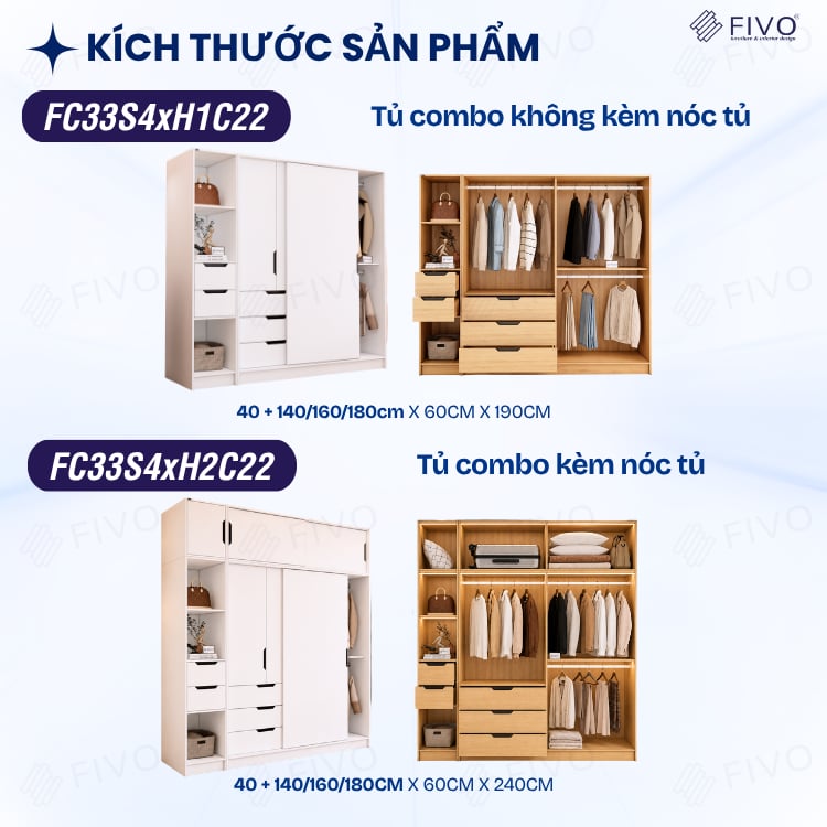 Tủ Gỗ Quần Áo Cửa Lùa Cao Cấp FC33 FIVO, Gỗ Dày 17mm, Kèm Hệ Kệ Trang Trí Sâu 60cm, Freeship+Free lắp đặt, Trả Góp 0%