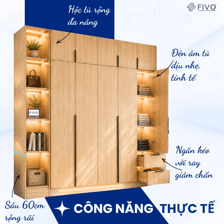 Tủ Đựng Quần Áo Gỗ Cao Cấp FC04 FIVO, Tủ Màu Gỗ Cánh Mở Sâu 60cm Kèm Kệ Trang Trí, Freeship+Free lắp đặt, Trả Góp 0%