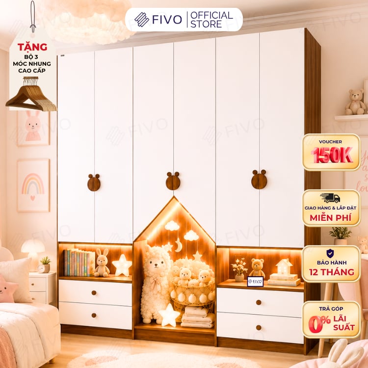 Tủ Gỗ Đựng Quần Áo Trẻ Em Cao Cấp FC03 FIVO, Tủ Sâu 60cm, Thiết Kế Hình Ngôi Nhà Độc Đáo, Freeship+Free lắp đặt, Trả Góp