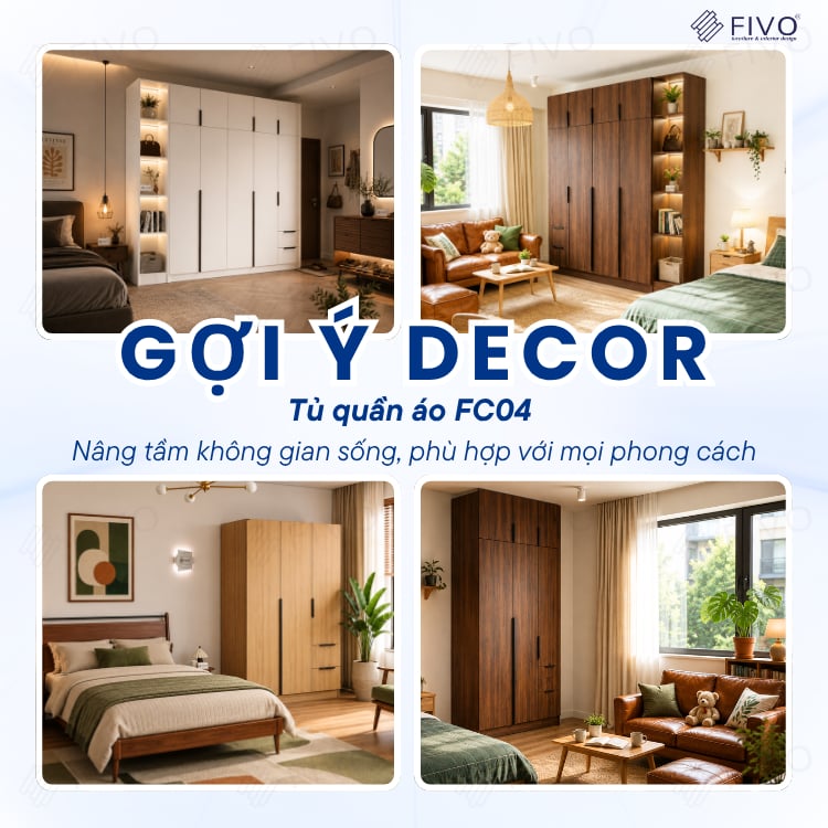 Tủ Đựng Quần Áo Gỗ Cao Cấp FC04 FIVO, Tủ Màu Gỗ Cánh Mở Sâu 60cm Kèm Kệ Trang Trí, Freeship+Free lắp đặt, Trả Góp 0%