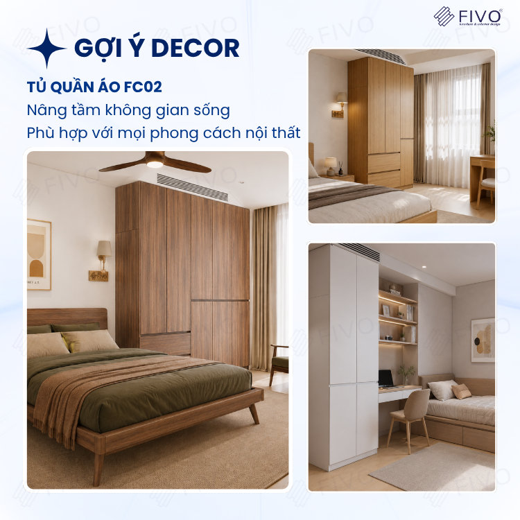 Tủ Đựng Quần Áo Gỗ Cao Cấp FC02 FIVO, Cánh Mở Sâu 60cm Kèm Ngăn Kéo, Freeship+Free lắp đặt, Trả Góp 0%