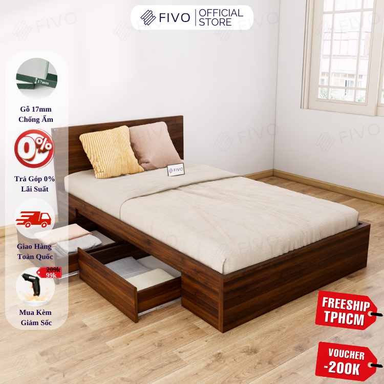 Giường Ngủ Gỗ MDF Chống Ẩm FN02 FIVO, Giường Đôi Cao Cấp Có 2 Ngăn Kéo Đựng Đồ, Nhiều Kích Thước, Freeship TPHCM