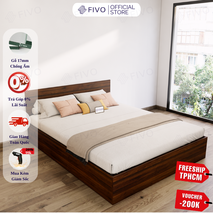 Giường Ngủ Gỗ FN01 FIVO, Đa Dạng Kích Thước & Màu Sắc, Freeship + Free lắp đặt