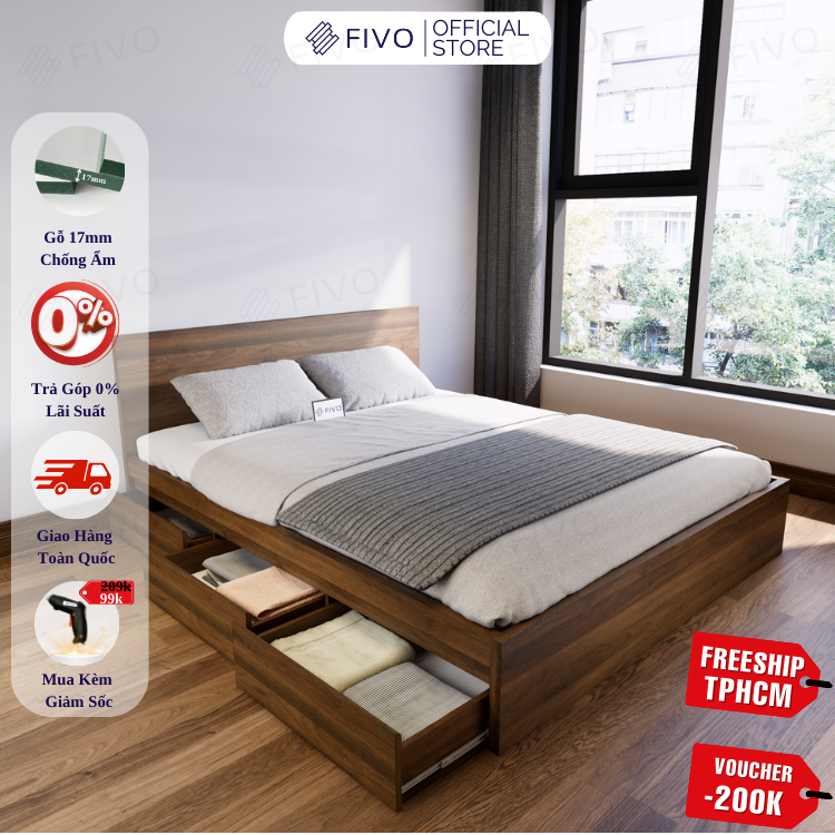 Giường Ngủ Gỗ MDF Chống Ẩm FN03 FIVO, Giường Đôi Cao Cấp Có 3 Ngăn Kéo Tiện Lợi, Nhiều Kích Thước, Free Lắp Đặt + Freeship TPHCM, Trả Góp 0%