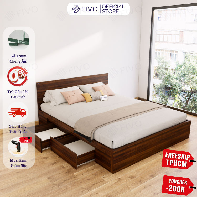 Giường Ngủ Gỗ MDF Chống Ẩm FN02 FIVO, Giường Đôi Cao Cấp Có 2 Ngăn Kéo Đựng Đồ, Nhiều Kích Thước, Freeship TPHCM
