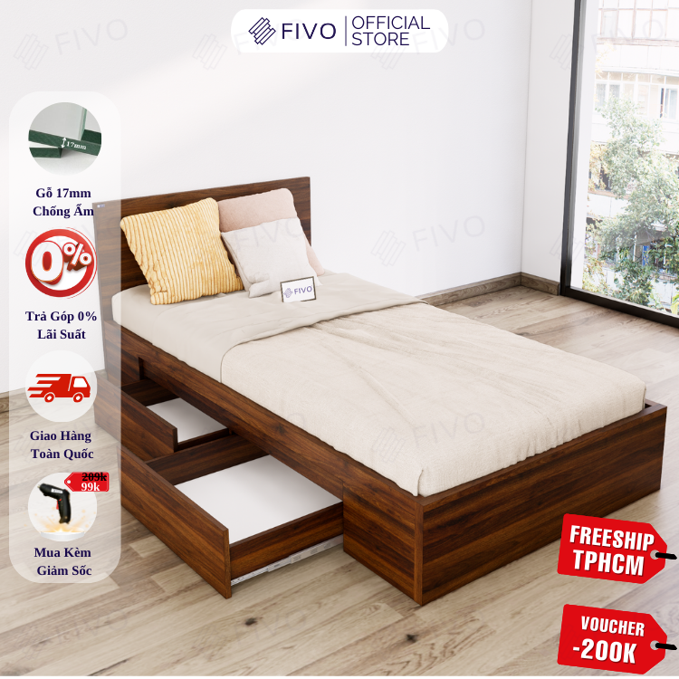 Giường Ngủ Gỗ MDF Chống Ẩm FN02 FIVO, Giường Đôi Cao Cấp Có 2 Ngăn Kéo Đựng Đồ, Nhiều Kích Thước, Freeship TPHCM