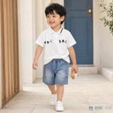  Đồ bộ bé trai BiBi Kids áo polo trắng họa tiết nhỏ quần đùi jean 1 - 6 tuổi C12 