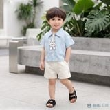  Đồ bộ bé trai BiBi Kids áo sơ mi xanh hình gấu quần đùi kem 6 tháng - 3 tuổi C38 