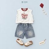  Đồ bộ bé trai BiBi Kids áo ba lỗ trắng cổ đỏ quần đùi jean xanh trơn 6 tháng - 3 tuổi BB-C40M-C70 