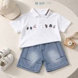  Đồ bộ bé trai BiBi Kids áo polo trắng họa tiết nhỏ quần đùi jean 1 - 6 tuổi C12 