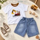  Đồ bộ bé trai BiBi Kids áo thun máy xúc cổ nâu quần đùi jean 1 - 6 tuổi C13 