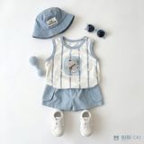  Đồ bộ bé trai BiBi Kids ba lỗ sọc dọc hình voi quần đùi xanh 6 tháng - 3 tuổi C42 
