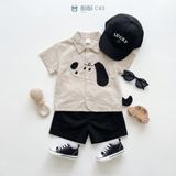  Đồ bộ bé trai BiBi Kids áo sơ mi hình chó tai nổi quần đùi đen 6 tháng - 3 tuổi C43 