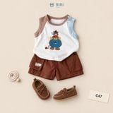  Đồ bộ bé trai BiBi Kids ba lỗ gấu nâu viền phối màu quần đùi nâu 6 tháng - 4 tuổi C47 