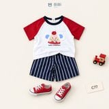  Đồ bộ bé trai BiBi Kids áo thun voi tay đỏ quần đùi sọc xanh 1 - 6 tuổi C77 