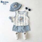  Đồ bộ bé trai BiBi Kids ba lỗ sọc dọc hình voi quần đùi xanh 6 tháng - 3 tuổi C42 