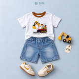  Đồ bộ bé trai BiBi Kids áo thun máy xúc cổ nâu quần đùi jean 1 - 6 tuổi C13 