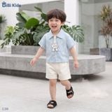  Đồ bộ bé trai BiBi Kids áo sơ mi xanh hình gấu quần đùi kem 6 tháng - 3 tuổi C38 