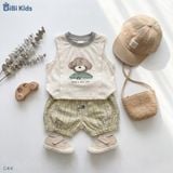  Đồ bộ bé trai BiBi Kids ba lỗ hình gấu quần đùi caro vàng 6 tháng - 3 tuổi C44 