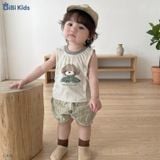  Đồ bộ bé trai BiBi Kids ba lỗ hình gấu quần đùi caro vàng 6 tháng - 3 tuổi C44 