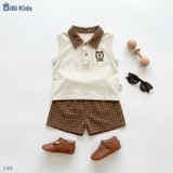  Đồ bộ bé trai BiBi Kids polo ba lỗ cổ caro nâu quần đùi caro 6 tháng - 3 tuổi C45 
