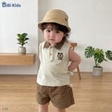  Đồ bộ bé trai BiBi Kids polo ba lỗ cổ caro nâu quần đùi caro 6 tháng - 3 tuổi C45 