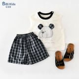  Đồ bộ bé trai BiBi Kids ba lỗ gấu tai caro quần đùi caro đen 6 tháng - 5 tuổi C59 