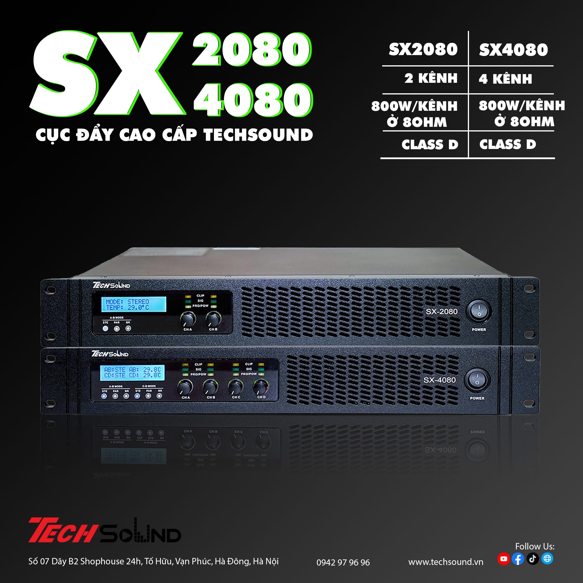 Cục đẩy 2 kênh ClassD Techsound SX2080