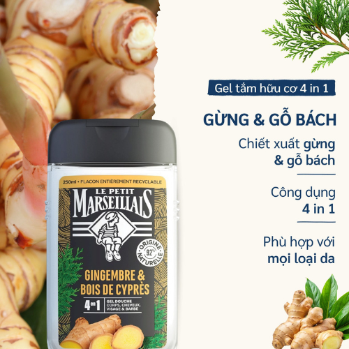  Sữa Tắm Gội Nam Le Petit Marseillais 4in1 Chiết Xuất Gừng & Gỗ Bách Hương 250ML 